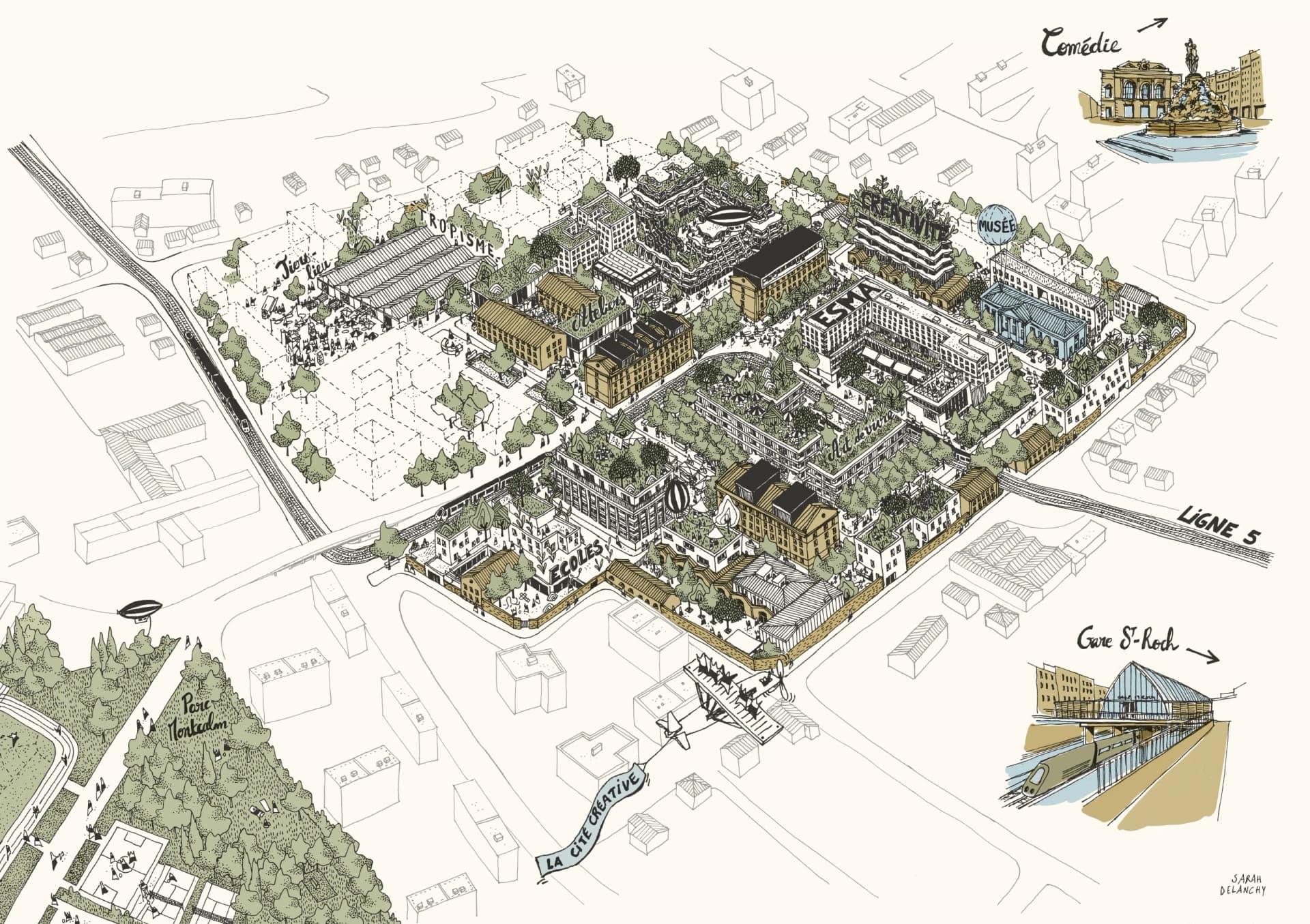 Vue aérienne de la Cité Créative situant la résidence Guillaut dans Montpellier